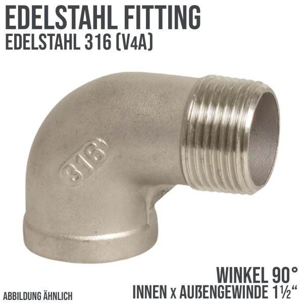 1 1/2" Edelstahl Fitting V4A AISI 316 Winkel 90° Innen x Außengewinde IG x AG - PN 16 bar