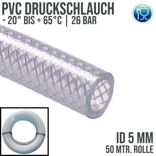 5 x 11 mm PVC Druckluftschlauch Gewebe Universal Wasser Luft Schlauch glasklar (26 bar) - 50m Rolle