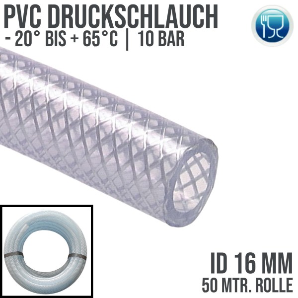 16 x 22 mm PVC Druckluftschlauch Gewebe Universal Wasser Luft Schlauch glasklar (10 bar) - 50m Rolle