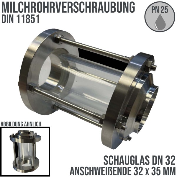 DN 32 Milchrohr Verschraubung DIN 11851 Schauglas Anschweißende ID x AD 32 x 35 mm - PN 25 bar