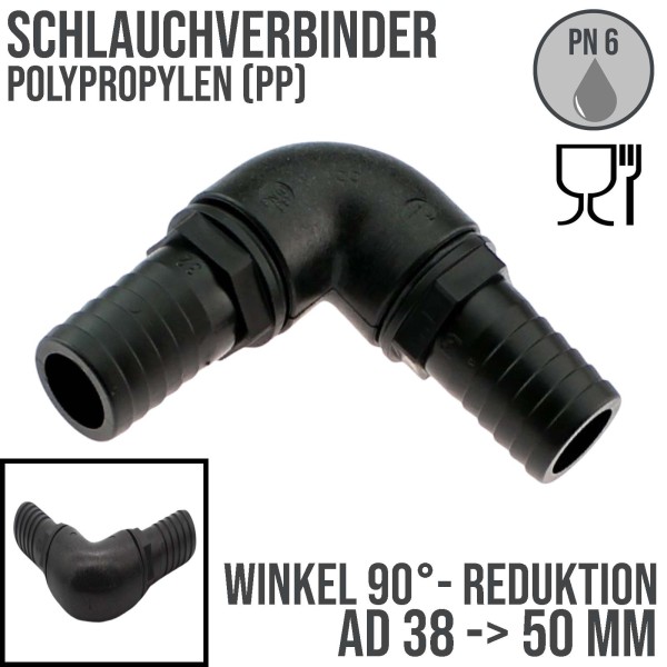 PP Schlauchtülle Verbinder 90° Winkel schwarz - 38 / 50mm (PN6)
