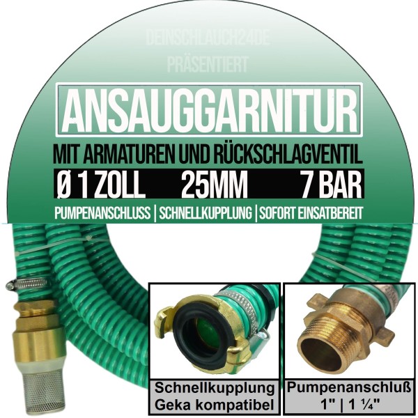 25 mm 1" Zoll Ansaug Saug Schlauch Pumpen Garnitur grün - verschiedene Anschlüsse (1 - 25m)