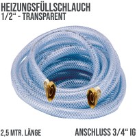 2,5 m Heizungs Füllschlauch Wasser Heizkörper Radiator Sanitär Schlauch transparent 3/4" Anschluss -