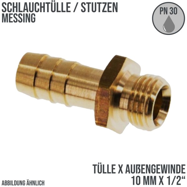 10 mm x 1/2" Zoll Schlauch Tülle Stutzen Außengewinde AG Nippel Messing Fittings - PN 30 bar