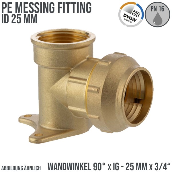 25 mm x 3/4" PE Fitting Klemm Verbinder Messing Wand Winkel 90° x IG DVGW - PN 16 bar