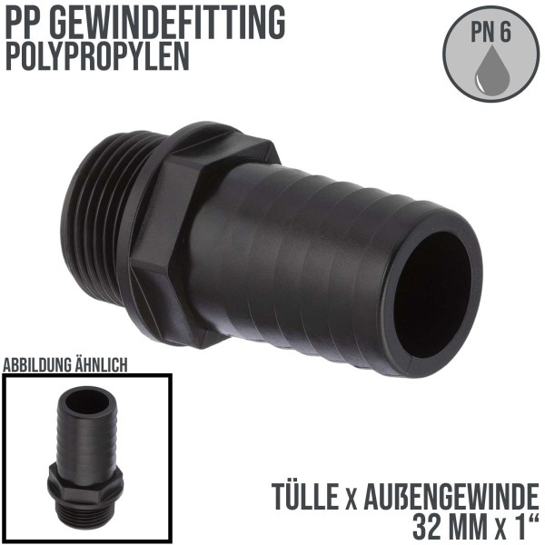 32 mm x 1 " PP Gewinde Fitting Schlauch Tülle Stutzen Außengewinde AG - PN 6 bar