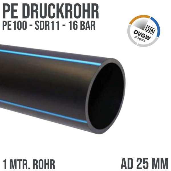 25 x 2,3 mm PE PP Rohr HD Druckrohr Trink Brauch Wasser PE 100 DVGW SDR 11 PN 16 bar - 1 m Fixlänge