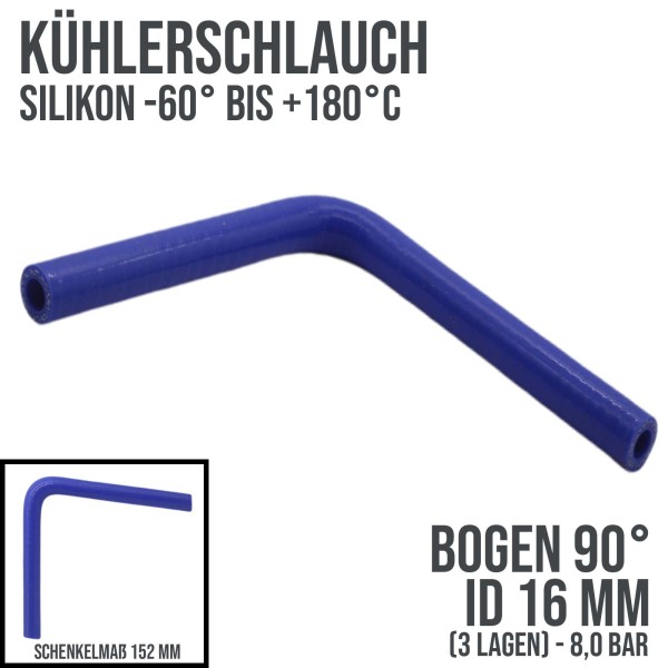 Blauer Silikon Kühlerschlauch als 90° Bogen mit einem Innendurchmesser von  16 mm und einer Wandstärke von 4 mm. Schnenkellänge ca. 152 mm.