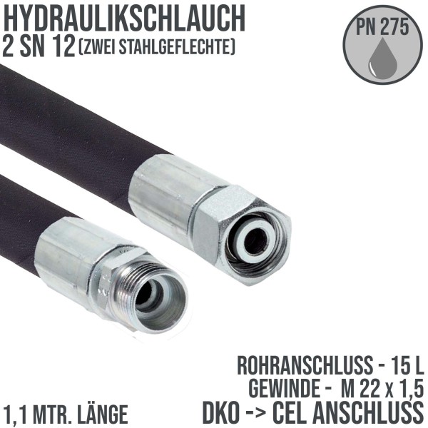 Hydraulikschlauch 2 SN 12 - 15 L DKO (IG) auf CEL (AG) Anschluss (M 22 x 1,5) - 1100 mm