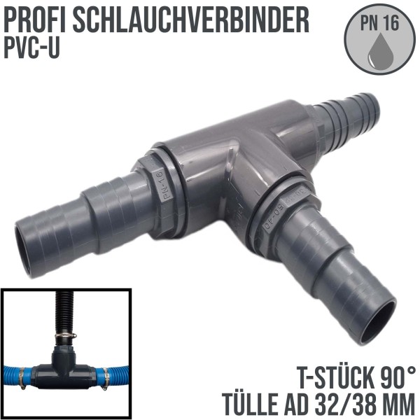 32 / 38 mm PVC PROFI T-Stück 90° Schlauch Verbinder Stutzen Tülle Pool - PN 16 bar