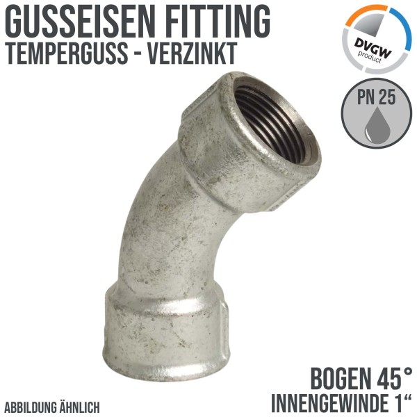 1" Gusseisen Temperguss Fitting Bogen 45° Innengewinde IG DVGW PN 25 bar