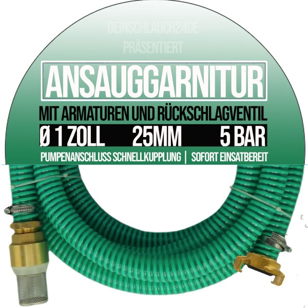 25 mm 1" Zoll Ansaug Saug Schlauch Pumpen Garnitur Schnellanschluss GEKA kompatibel GRÜN (1 - 25m)