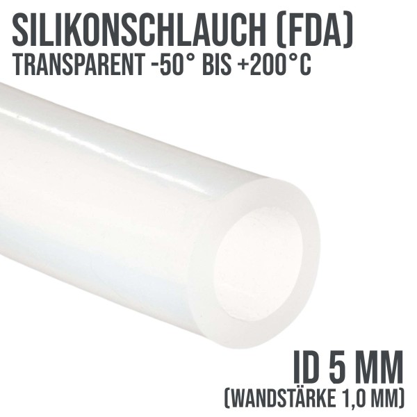 5 x 7 mm Silikon Silicon Milch Schlauch transparent lebensmittelecht FDA 0,45 bar