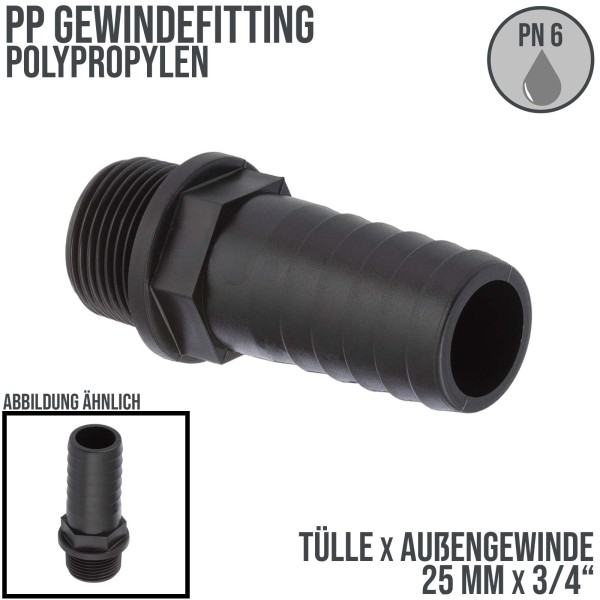 25 mm x 3/4 " PP Gewinde Fitting Schlauch Tülle Stutzen Außengewinde AG - PN 6 bar