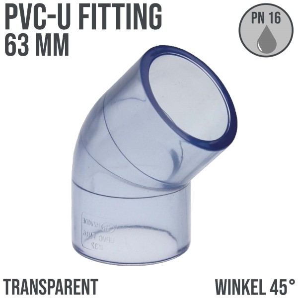 63 mm PVC Klebe Fitting Winkel 45° Muffe Verbinder - transparent durchsichtig - PN 16 bar