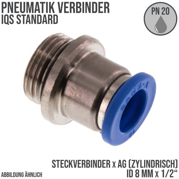 8 mm x 1/2" Pneumatik Schnell Steck Verbinder rund IQS Außengewinde zylindrisch - PN 20 bar