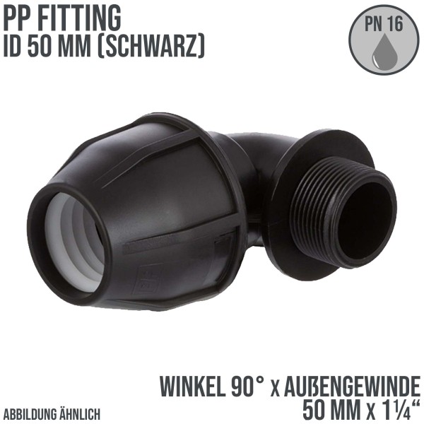 50 mm x 1 1/4" PE PP Fitting Klemm Verbinder Verschraubung Rohr Winkel 90° x AG schwarz - PN 16 bar