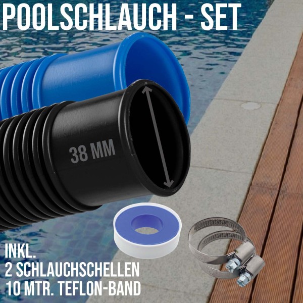 38mm Schwimmbadschlauch Pool Solar Saug Teich Schlauch blau / schwarz - SET