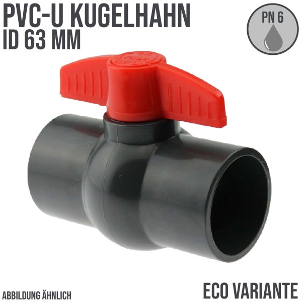 63 mm PVC Kugel Absperr Hahn Ventil ECO beidseitige Klebemuffe Fitting PN 6 bar - roter Griff