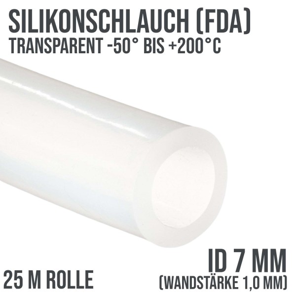 7 x 9 mm Silikonschlauch Silicon Milch Schlauch transparent lebensmittelecht FDA - 25m Rolle