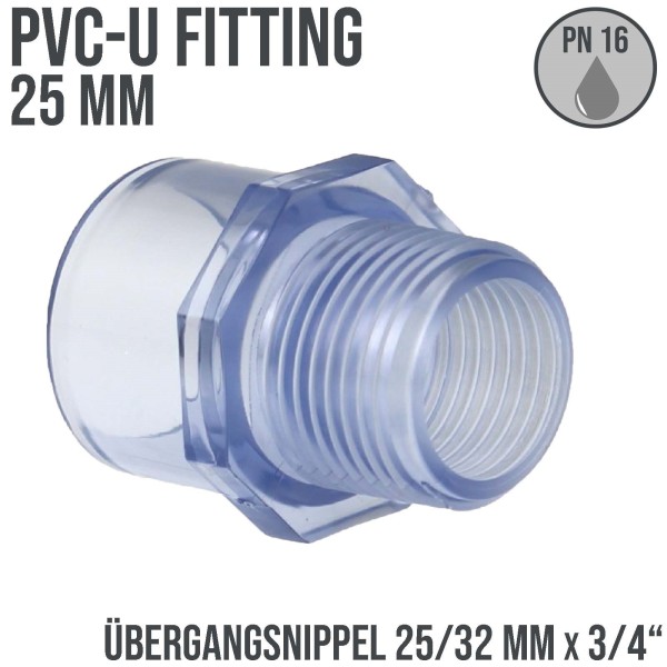 25 mm PVC Klebe Fitting Übergangsnippel Sechs-/Achtkant 25/32mm x 3/4" transparent durchsichtig - PN