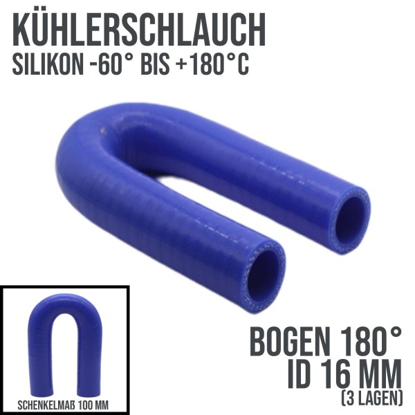 16 x 24 mm Kühlerschlauch LLK Silikon Bogen Krümmer Schlauch 180° Grad blau