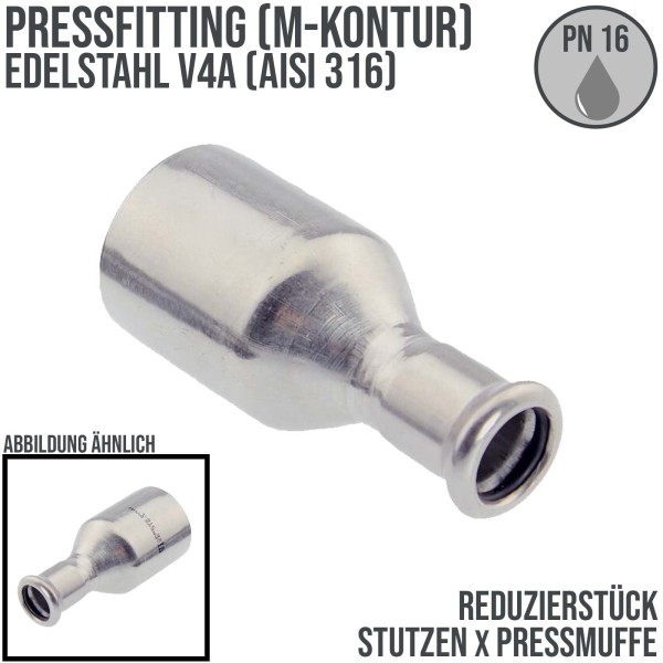 35 x 28 mm Reduzierstück Stutzen x Press Muffe Edelstahl AISI 316 Fittings PN 16 bar