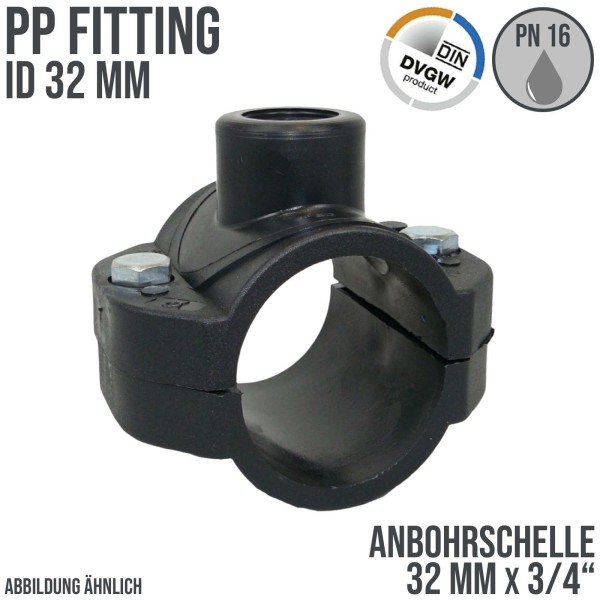 32 mm x 3/4" PP PE Anbohr Abzweig Schelle Klemmschale x Innengewinde DVGW [PN16]