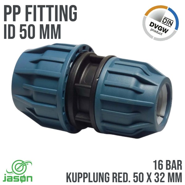 50 x 32 mm PE / PP Fitting Klemmverbinder reduziert Verschraubung Muffe Kupplung DVGW