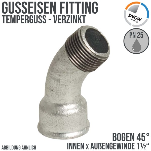 1 1/2" Gusseisen Temperguss Fitting Bogen 45° Innen x Außengewinde IG x AGDVGW PN 25 bar