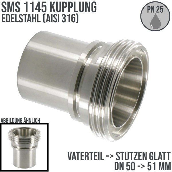 DN 50 SMS Kupplung 1145 Vaterteil VT Außengewinde Sicherungsbund - Stutzen glatt 50 mm - PN 25 bar