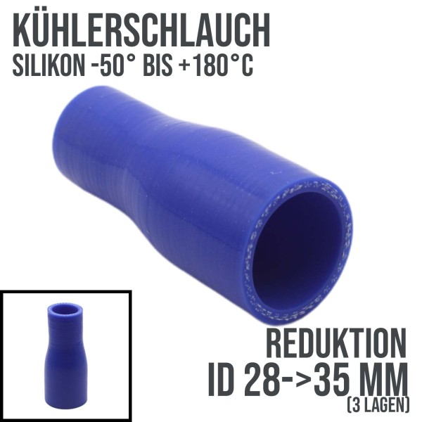 Blauer Silikon Reduktions-Kühlerschlauch von Innendurchmesser von 28 mm auf  35 mm und einer Wandstärke von 4 mm. Schnenkellänge ca. 100 mm.