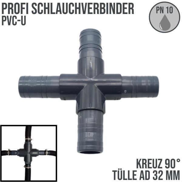 32 mm PVC Kreuz 90° Schlauch Verbinder Stutzen Tülle Pool PROFI