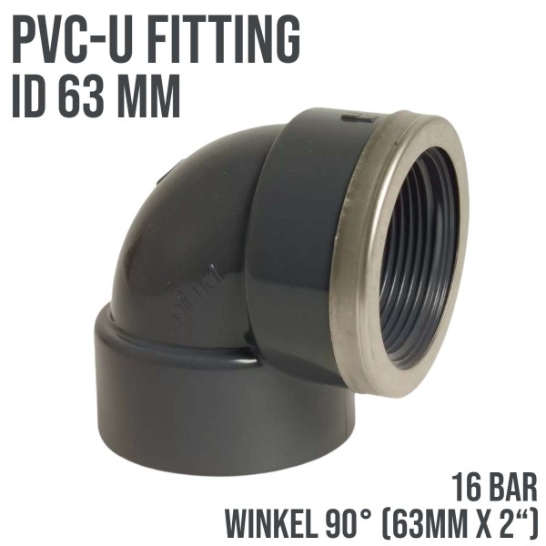 63 mm PVC Klebe Fitting Winkel 90° Innengewinde IG 2" Muffe Verbinder - 16 bar