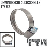 10 - 16 mm Schlauchschelle W2 (DIN3017) Rohr Schelle Edelstahl V2A - Bandbreite: 9 mm