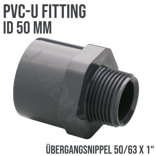 50 mm PVC Klebe Fitting Übergangsnippel Sechs-/Achtkant 50/63 mm x 1" Muffe Verbinder - PN 10 bar