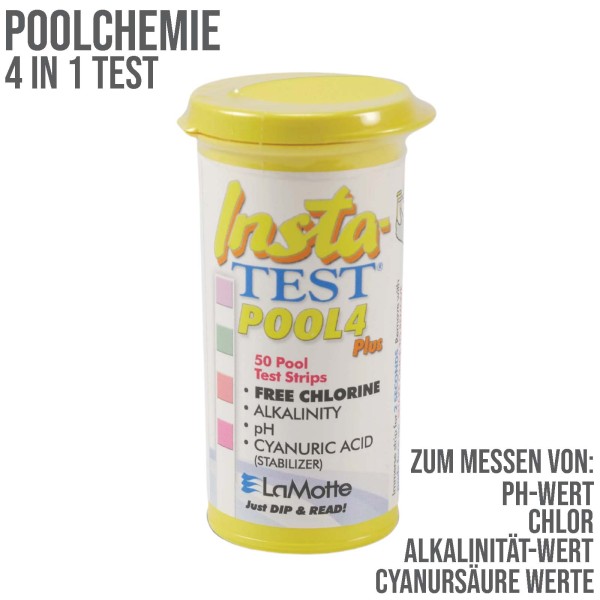 Pool Chemie Teststreifen 4 in 1 (gelb) Chlor pH totale Alkalinität- und Cyanursäure Werte - 50 Stüc