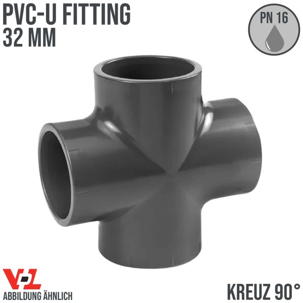 32 mm VDL PVC Klebe Fitting Kreuz Stück 90° Winkel Muffe Verbinder - PN 16 bar