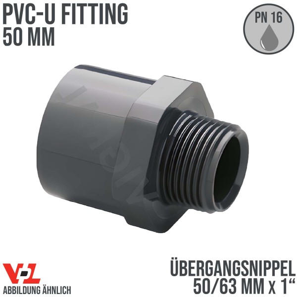 50 mm VDL PVC Klebe Fitting Übergangsnippel Achtkant 50/63 mm x 1" - PN 16 bar