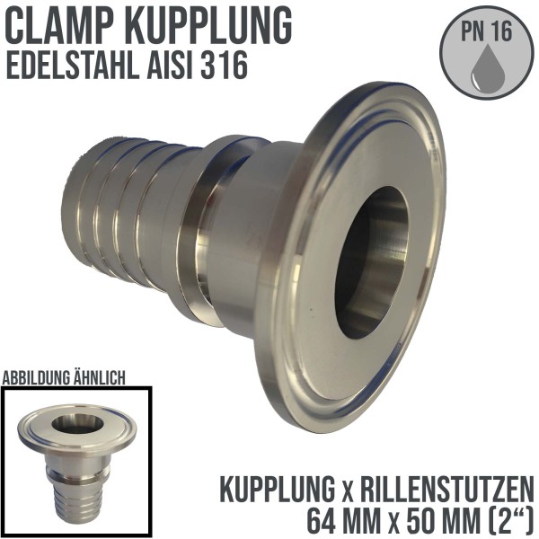 CLAMP Kupplung 64 mm Schlauch Stutzen Tülle Rillen 50 mm 2" - PN 16 bar