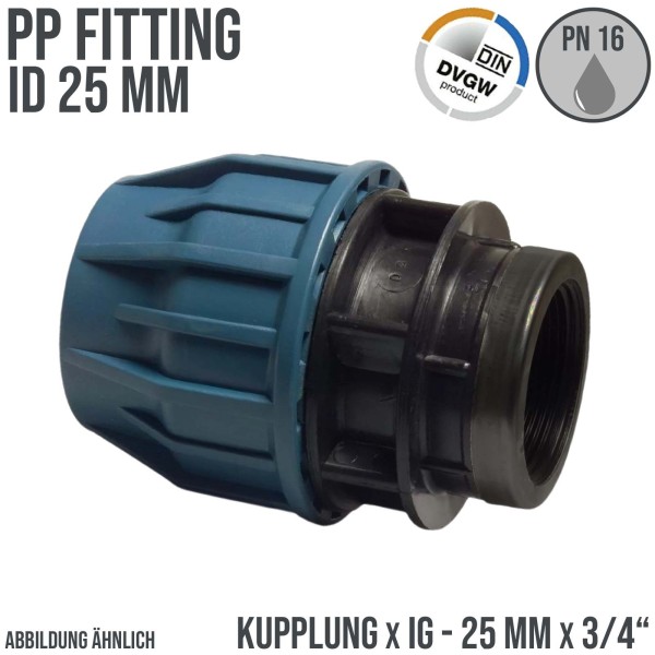 25 mm x 3/4" PE PP Fitting Klemm Verbinder Verschraubung Muffe Rohr Kupplung x IG DVGW - PN 16 bar