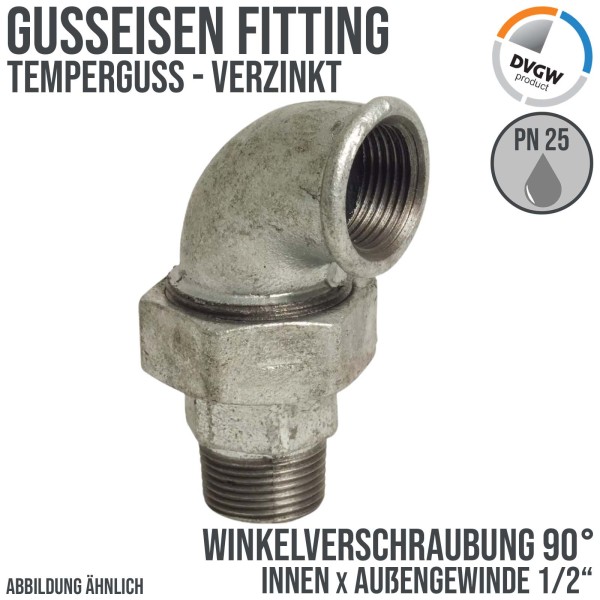 1/2" Gusseisen Temperguss Fitting Winkelverschraubung 90° Innen x Außengewinde IG x AG DVGW PN 25 ba