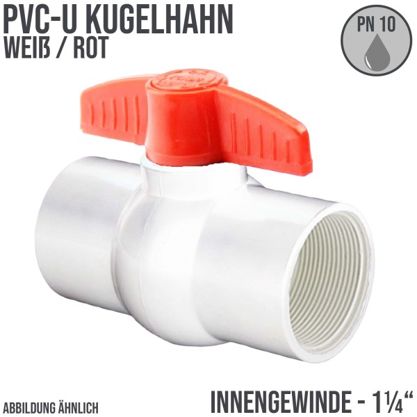 1 1/4" PVC Kugel Absperr Hahn Ventil ECO weiss beitseitiges Innengewinde PN 10 bar - roter Griff