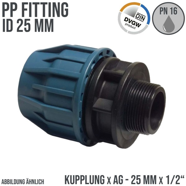 25 mm x 1/2" PE PP Fitting Klemm Verbinder Verschraubung Muffe Rohr Kupplung x AG DVGW - PN 16 bar