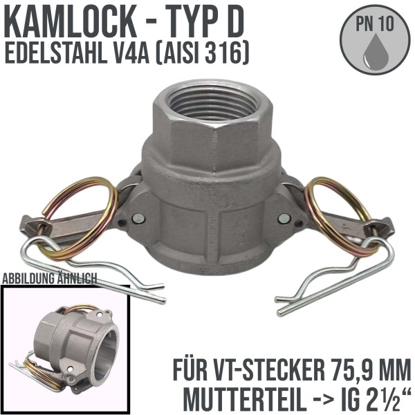 Kamlock Typ D - Mutterteil Edelstahl V4A (AISI 316) mit Innengewinde (IG) für Stecker 75,8 mm - 2 1/