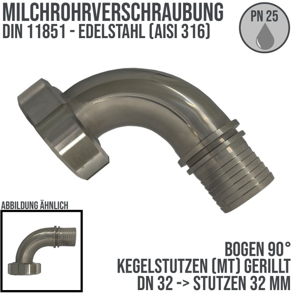 DN 32 Milchrohr Verschraubung DIN 11851 Mutterteil 90° Bogen Kegel Stutzen Sicherungsbund - Stutzen