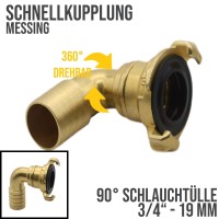 3/4" 19 mm Messing Schlauch Schnell Kupplung 90° Winkel Tülle drehbar (GEKA kompatibel)