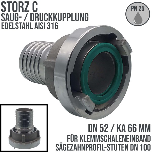 STORZ C DN52 KA66 V4A Saug Kupplung -> gerillter Sägezahn Stutzen Tülle Sicherungsbund DN50 Klemmsch