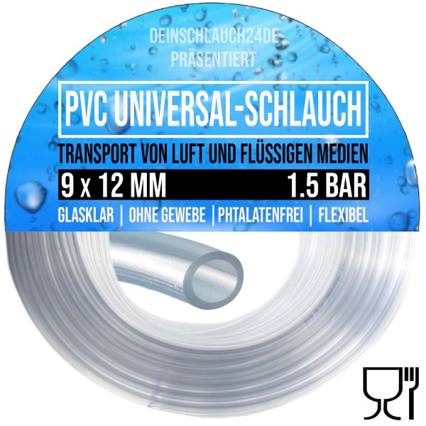 9 x 12 mm PVC Luft Filter Wasser Universal Labor Aquarium Terrarium Schlauch klar durchsichtig - PN