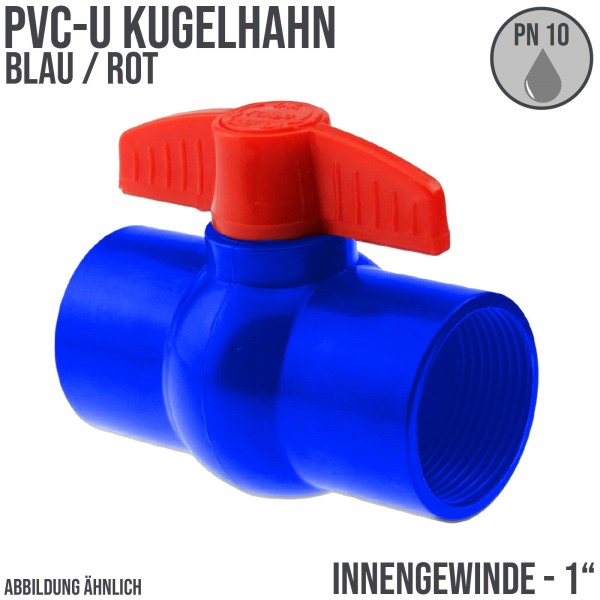 1" PVC Kugel Absperr Hahn Ventil ECO blau beitseitiges Innengewinde PN 10 bar - roter Griff